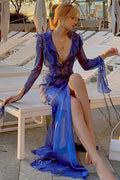 Chic Sheer V Neck Wrap Tie Slit Maxi Dress image 1