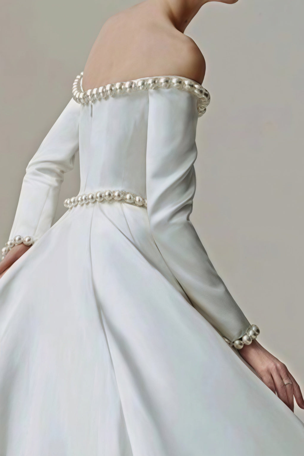 Vintage Satin Pearl Long Sleeve Off Shoulder Wedding Dress image 6