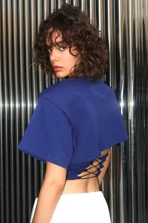 Chic Solid Wide Shoulder Tie Waist Elbow Sleeve T-shirt image 2