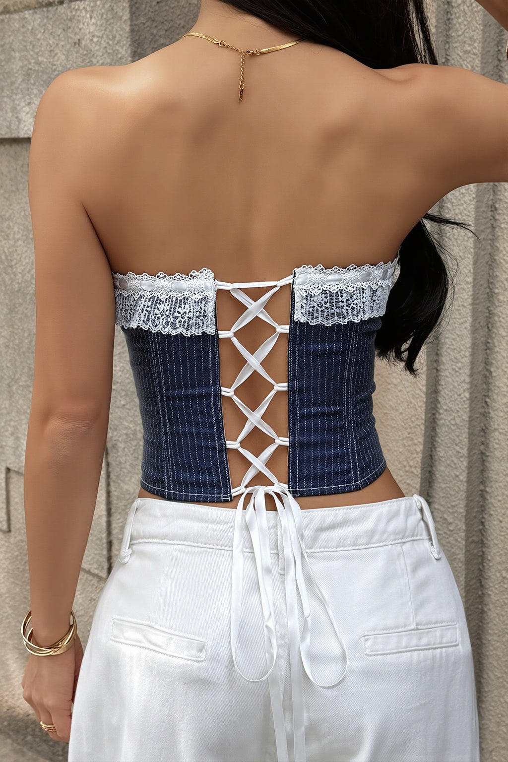 Striped Strapless Tie Up Corset Top Sexy Slim Blouse image 4