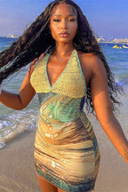 Printed Knit Deep V Halter Mini Dress image 2