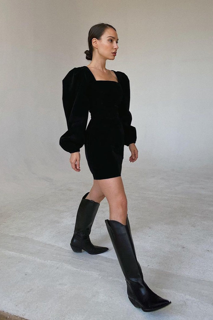 Vintage Puff Sleeve Velvet Black Mini Dress image 3
