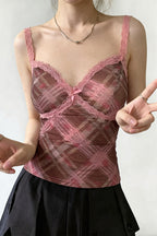 Elegant Pink Plaid Lace Cami Top image 4
