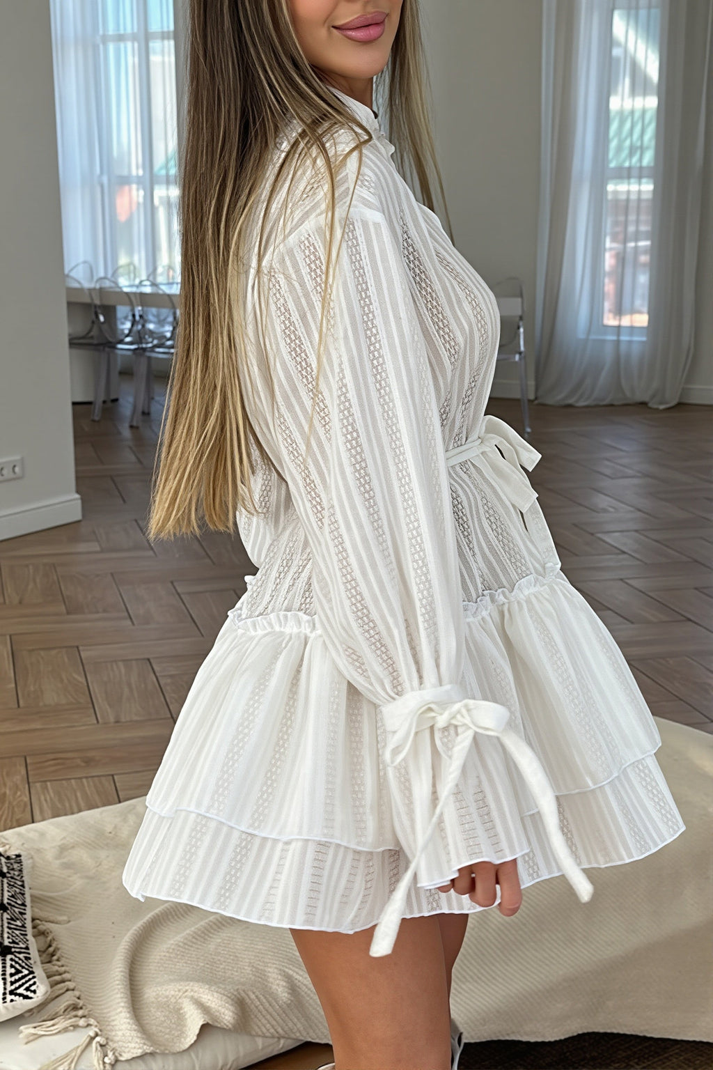 Lace Stand Collar Ruffled Mini Dress image 2