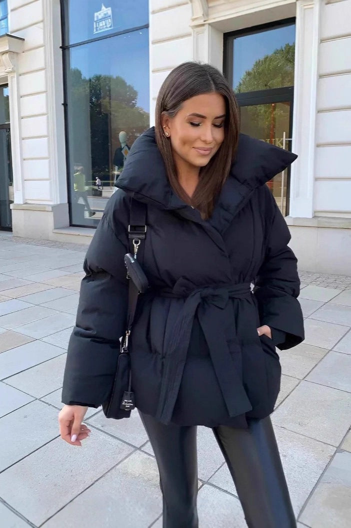 Oversized Solid Color Belted Puffer Jacket image 4
