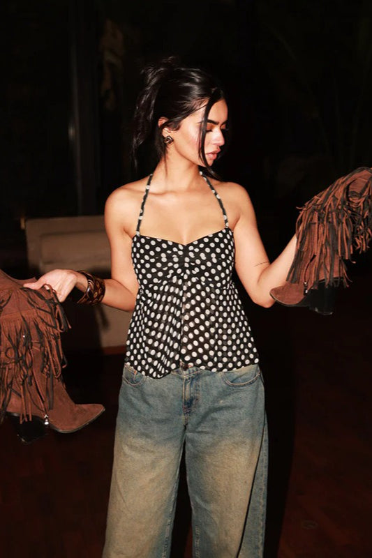 Polka Dot Ruched Halter Tie Back Crop Top image 1