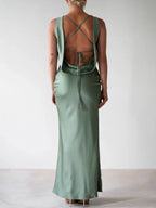 Sylvie Satin Maxi Dress detail view styled for Avrienne