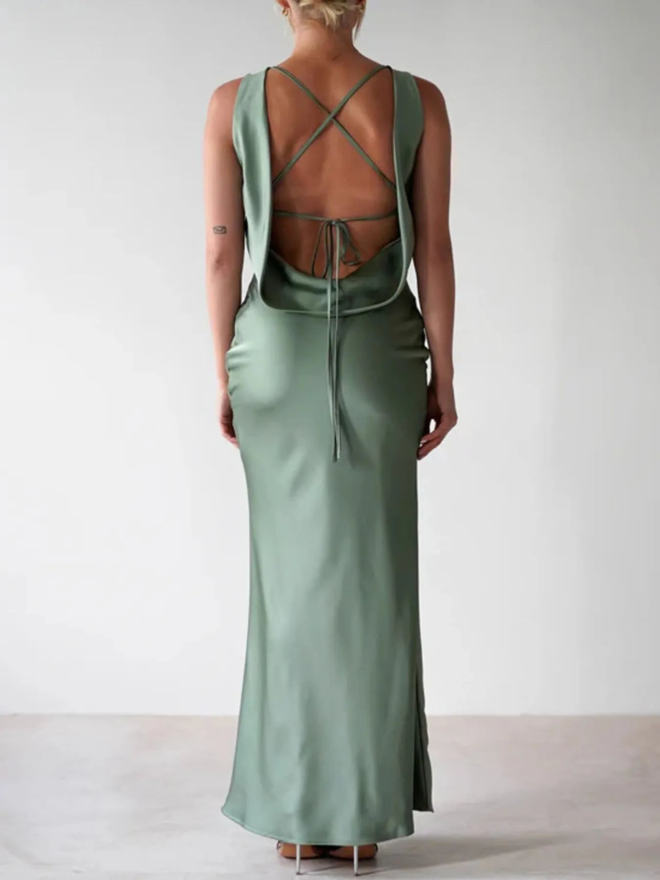 Sylvie Satin Maxi Dress detail view styled for Avrienne