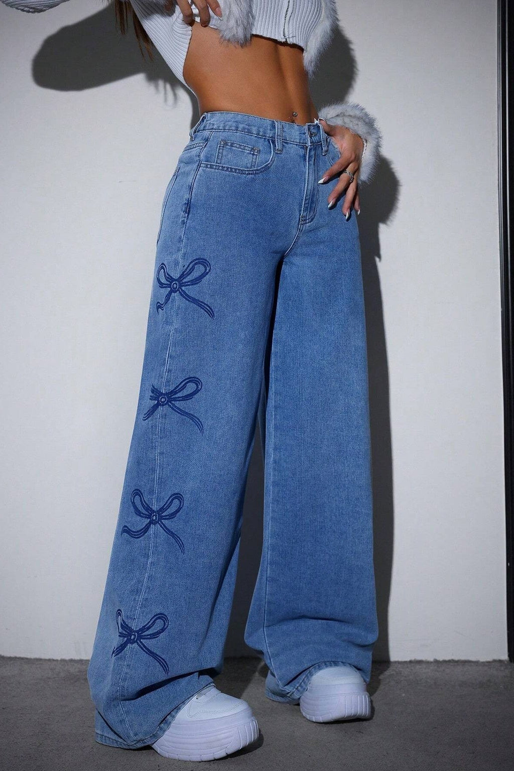 High Waist Washed Bow Tie Jeans image 5