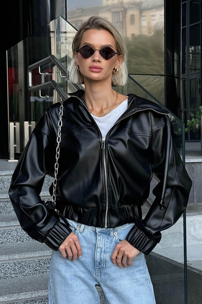 Black Faux Leather Hooded Loose Streetwear Jacket image 11