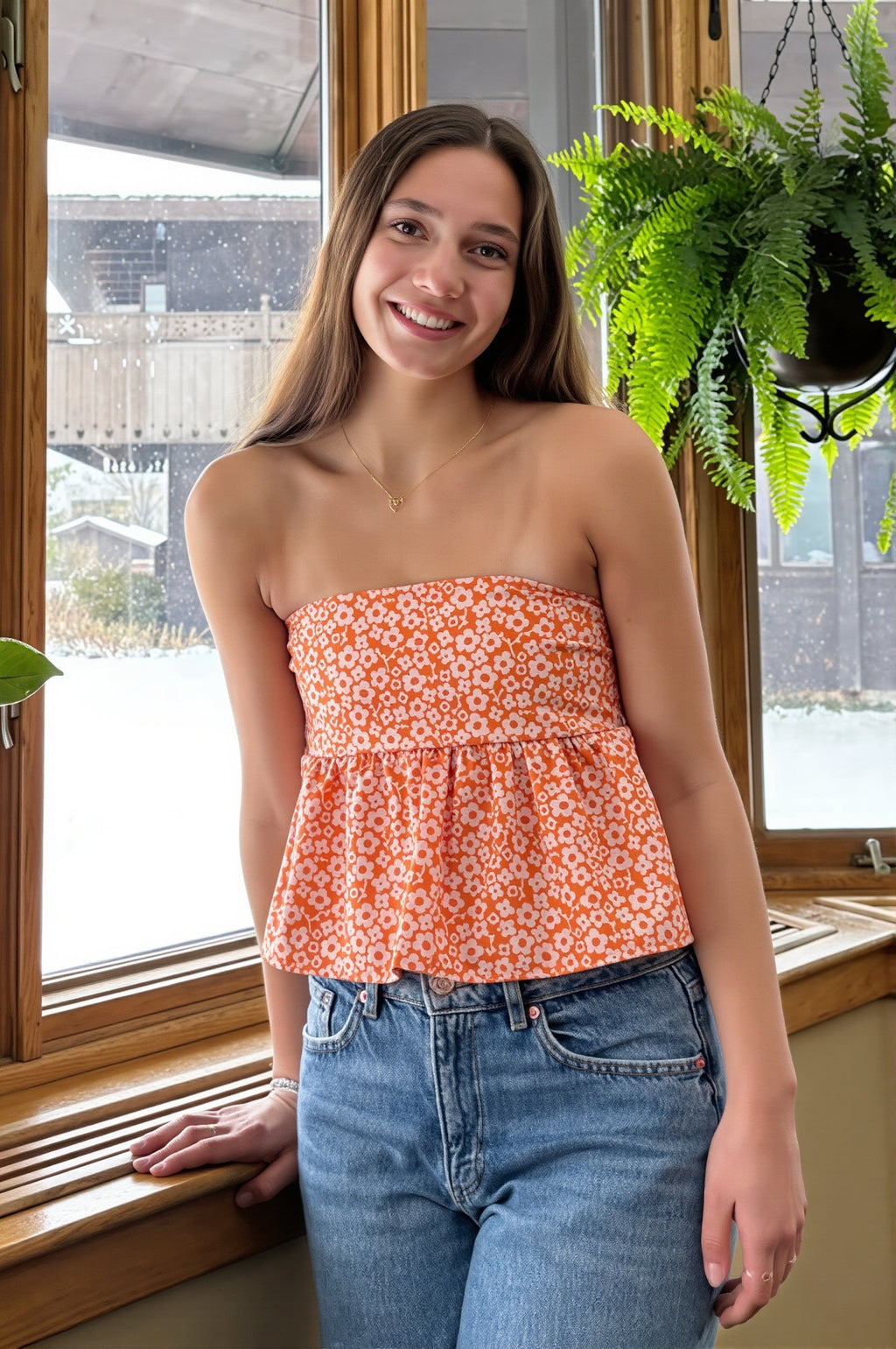 Floral Ruffle Strapless Cropped Blouse image 1