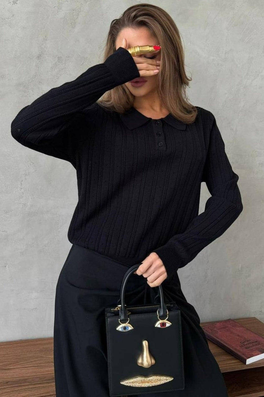 Jacquard Polo Collar Long Sleeve Loose Blouse image 24