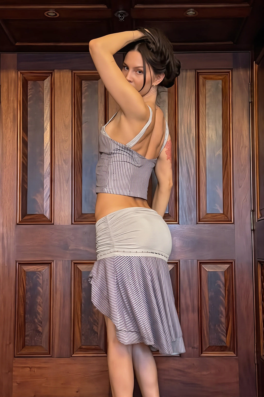 Sexy Stripe Patchwork Halter Open Back Skirt Sets image 7