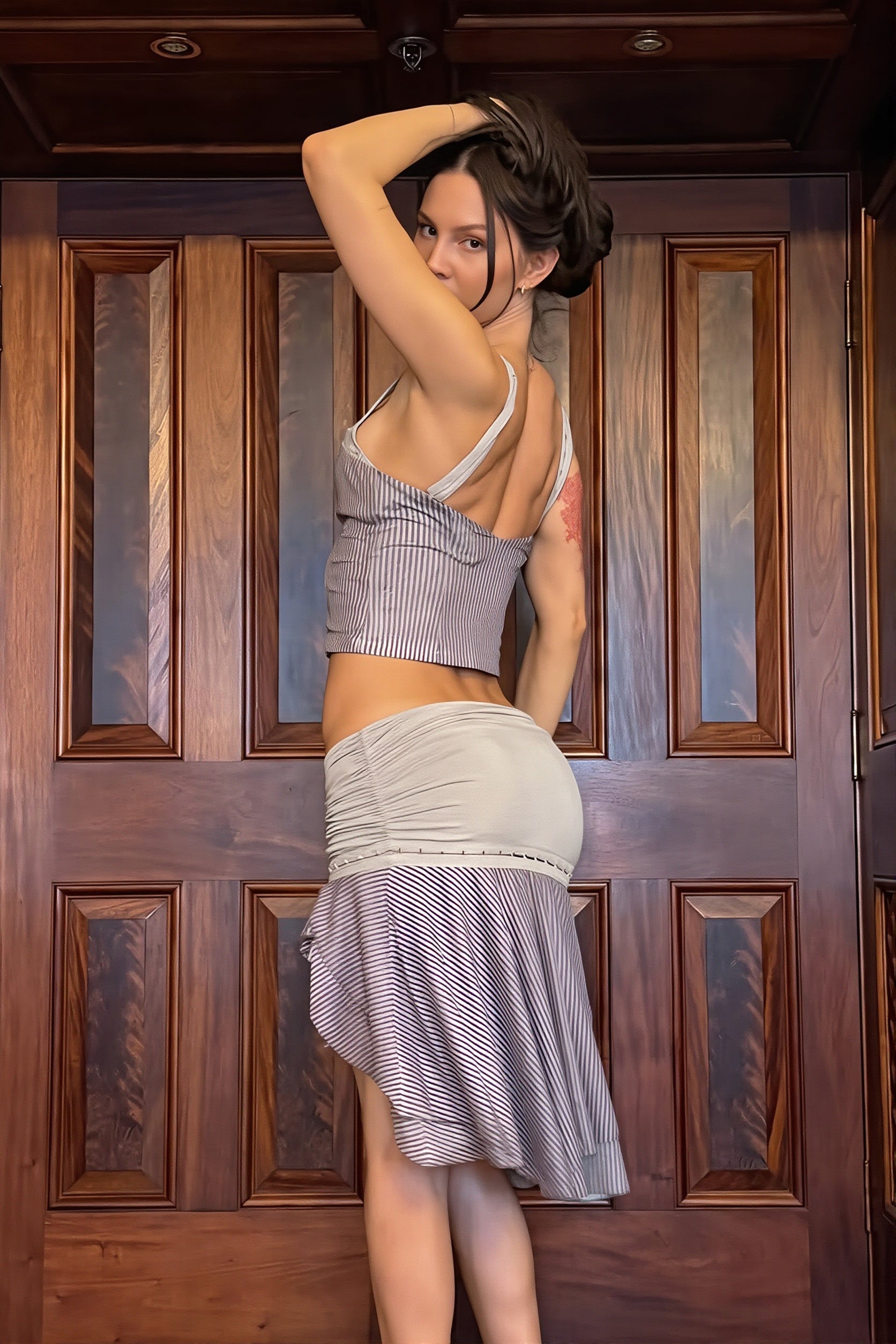 Sexy Stripe Patchwork Halter Open Back Skirt Sets image 7