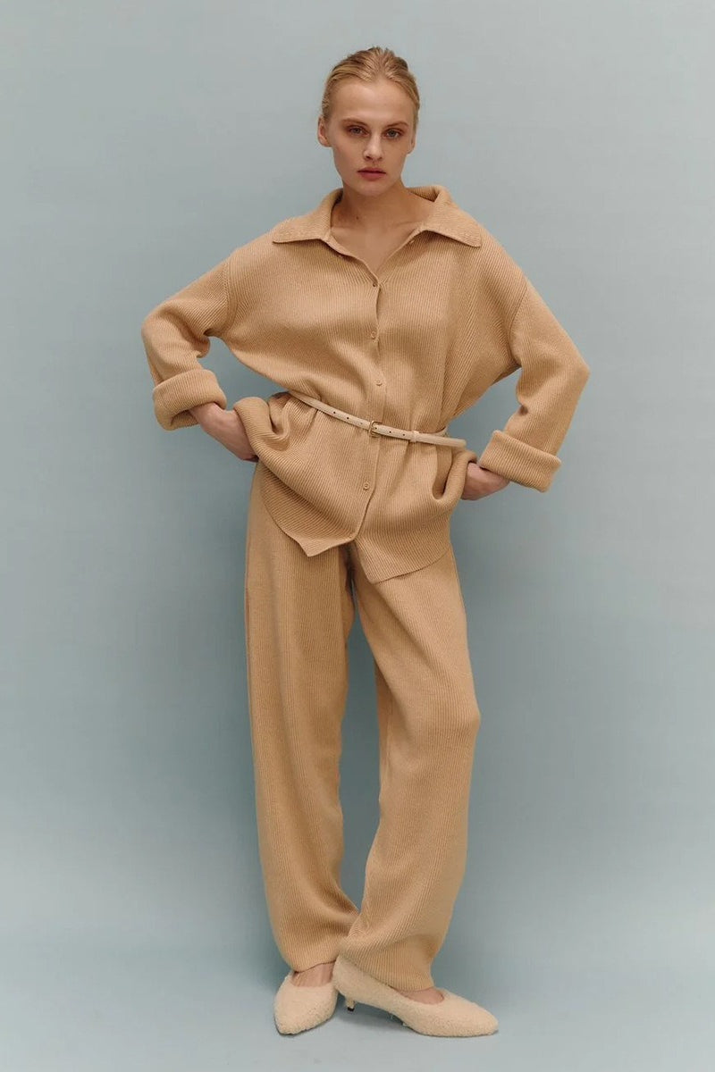 Knit Ribbed Collar Long Sleeve Loose Two Piece Set image 5