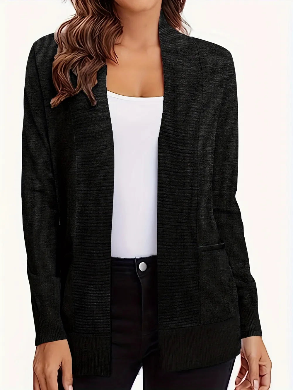 Anya Open Cardigan detail view styled for Avrienne