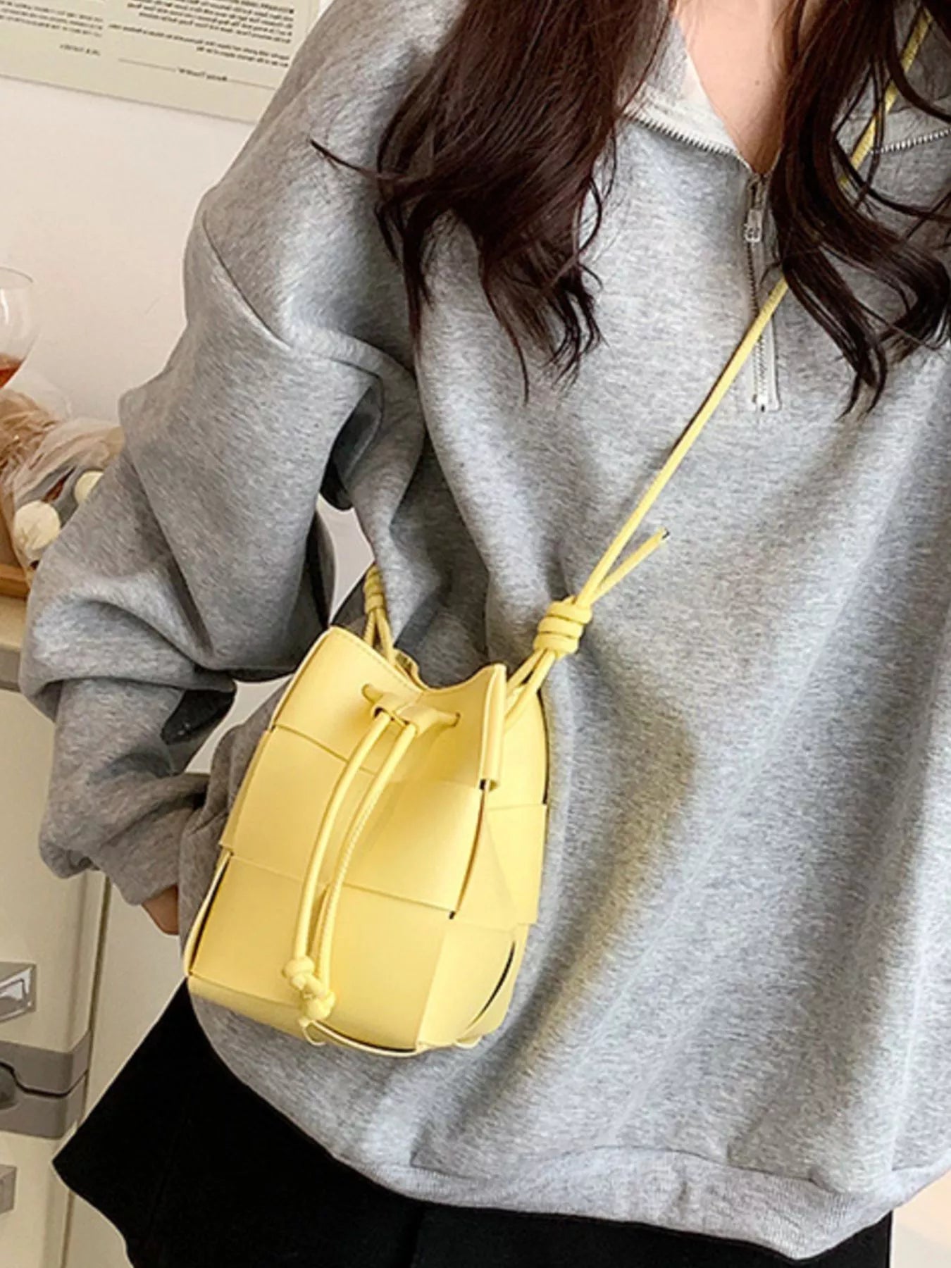 Carmen Bucket Bag detail view styled for Avrienne