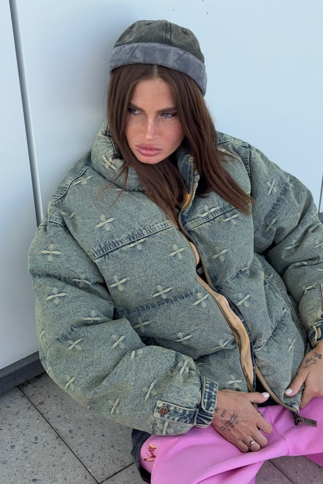 Vintage Washed Cross Embroidery Puffer Jacket image 6