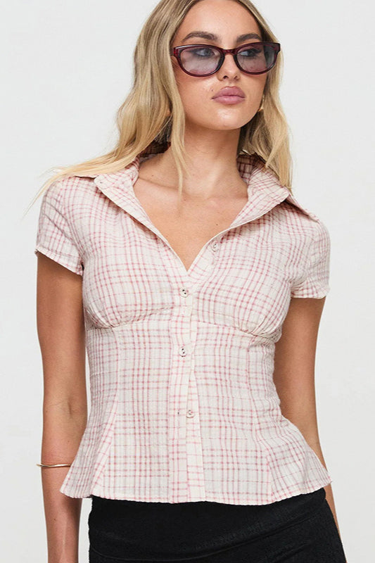 Fitted Waist Plaid V Neck Button Front Short Blouse image 2