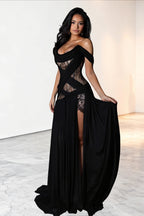 Draped Off Shoulder Lace Slit Maxi Dress image 3
