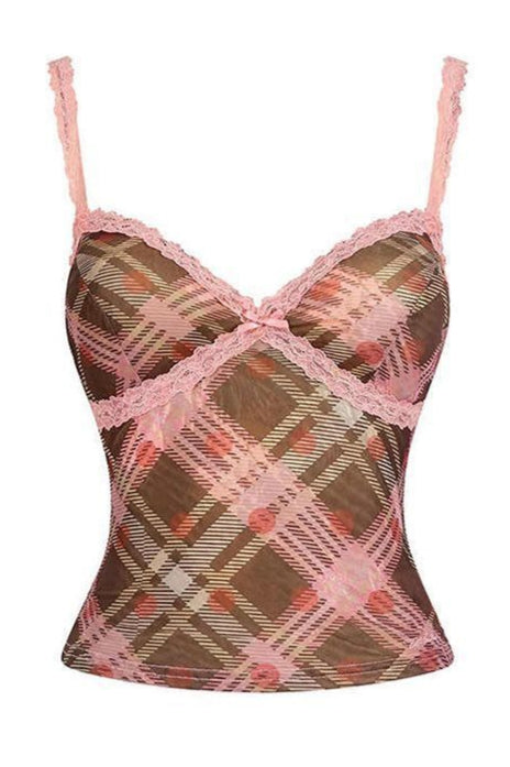 Elegant Pink Plaid Lace Cami Top image 5