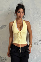 Solid Lace Trim Patchwork Deep V Halter Top image 3