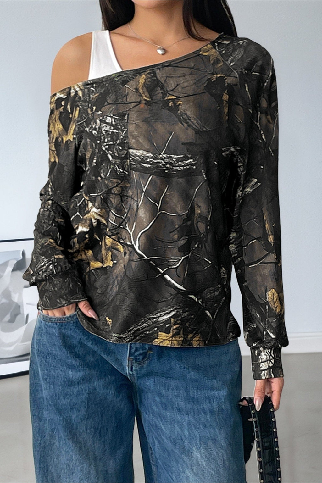 Patchwork Layered Asymmetrical Shoulder Long Sleeve Tee image 4