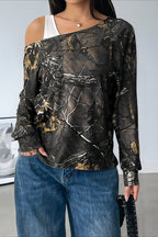 Patchwork Layered Asymmetrical Shoulder Long Sleeve Tee image 4
