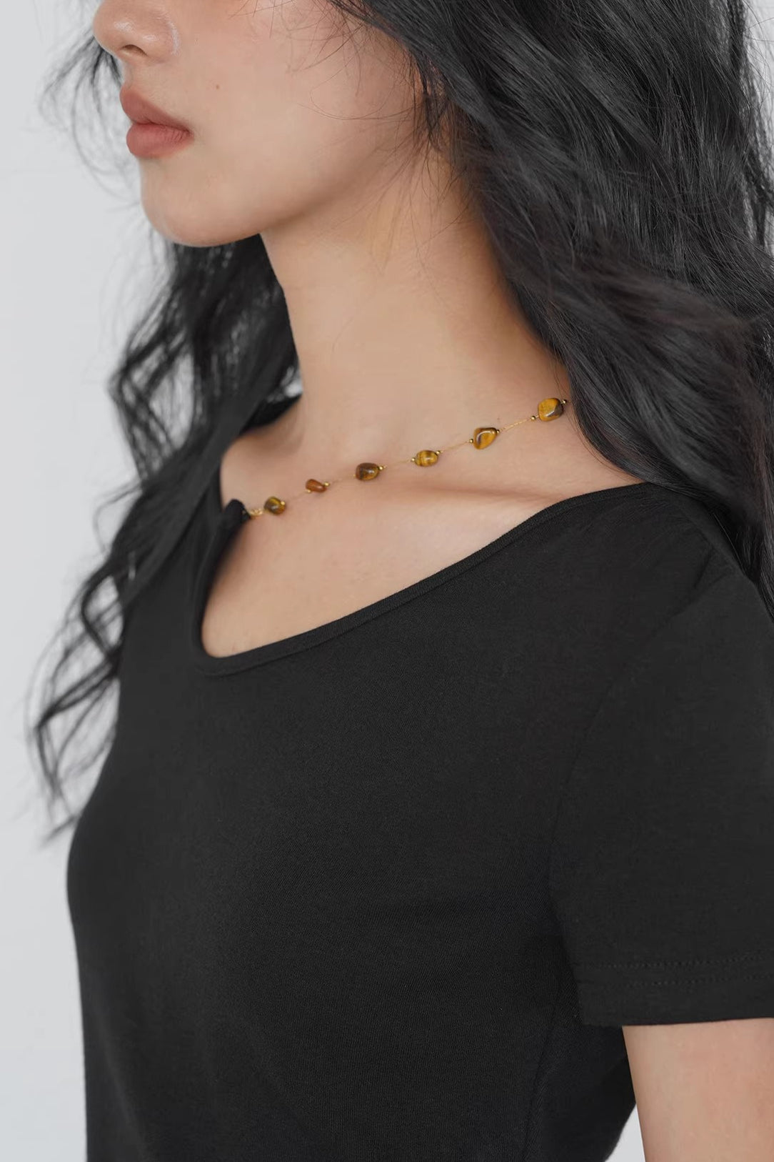 Solid Simple Beaded Hollow Neck T-Shirt image 4