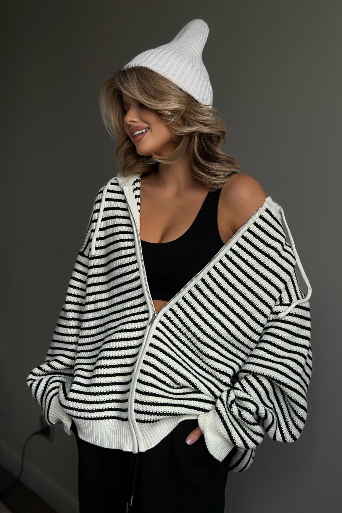 Retro Color Block Loose Zip Knit Cardigan image 1