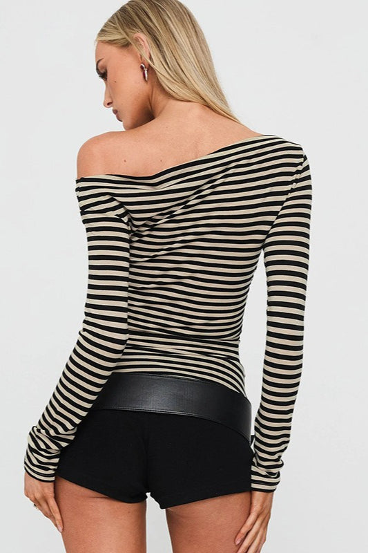 Color-Block Stripe Asymmetrical Neck Long Sleeve Tee image 4