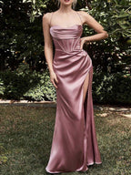 Aurelie Satin Maxi Dress detail view styled for Avrienne