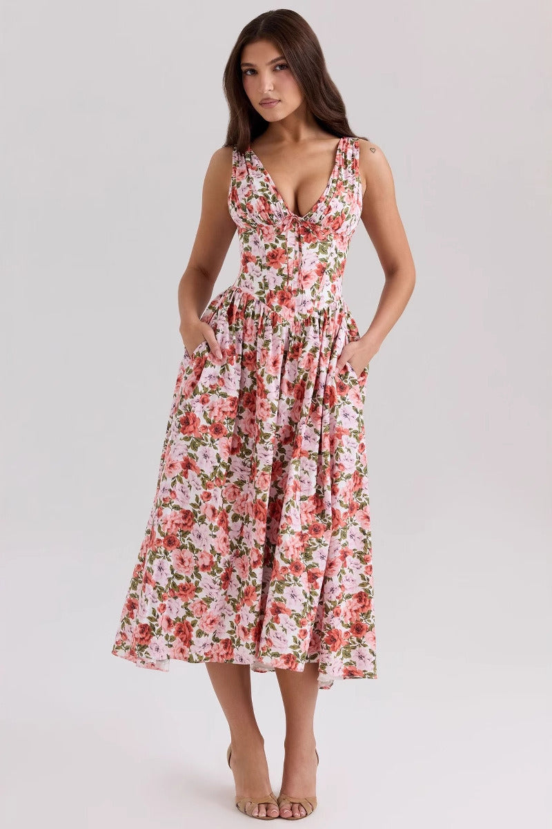 Slim V Neck Spaghetti Strap Floral Dress image 3