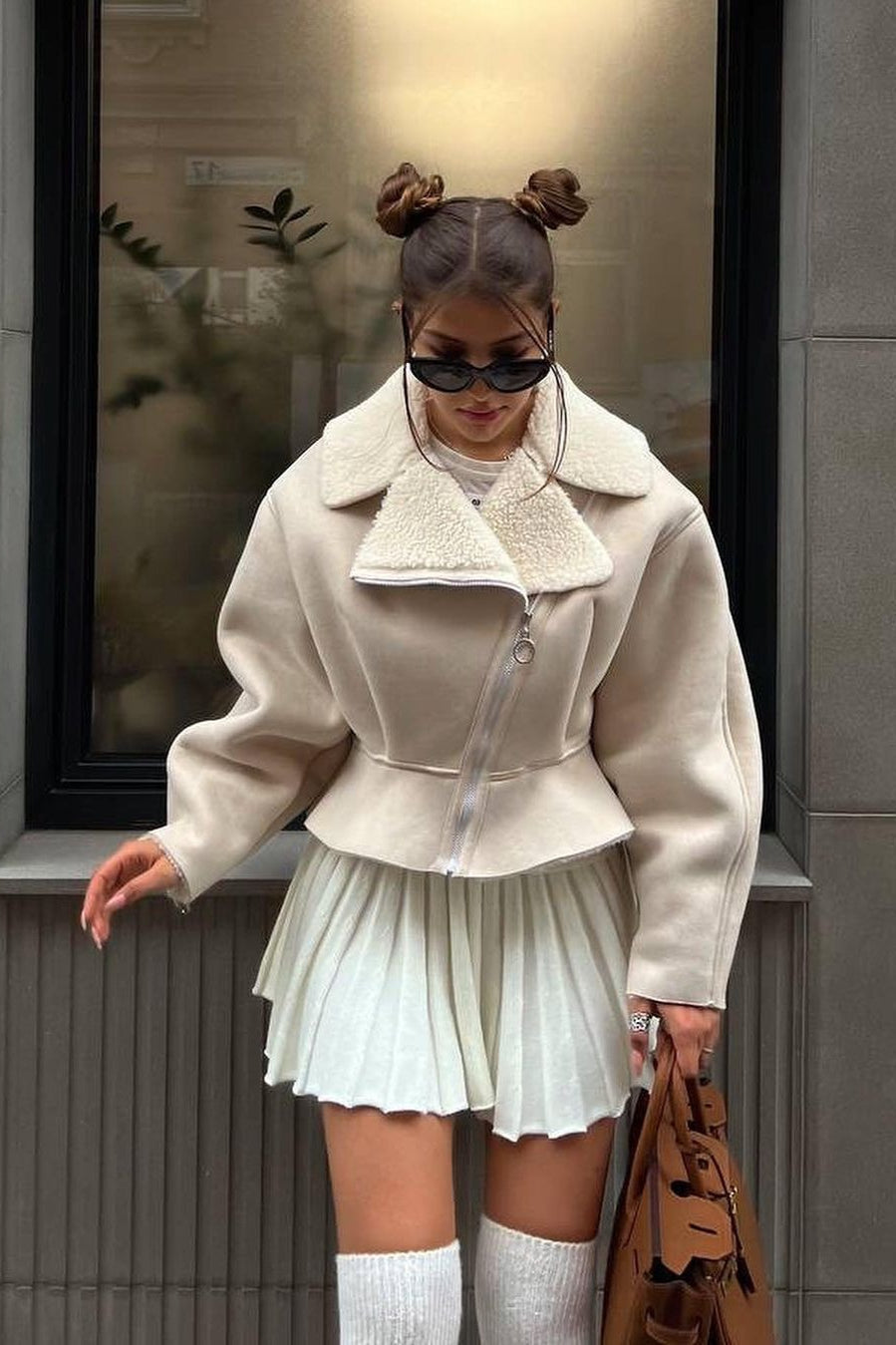 Chic Odd Zip Leather Fur Pieced Coat image 6