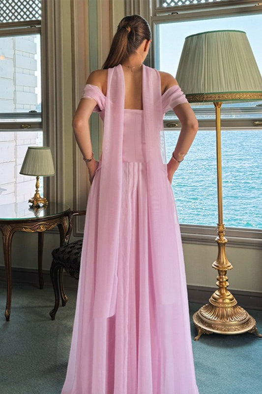 Elegant Satin Mesh Off Shoulder Prom Dress image 4