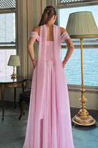 Elegant Satin Mesh Off Shoulder Prom Dress image 4
