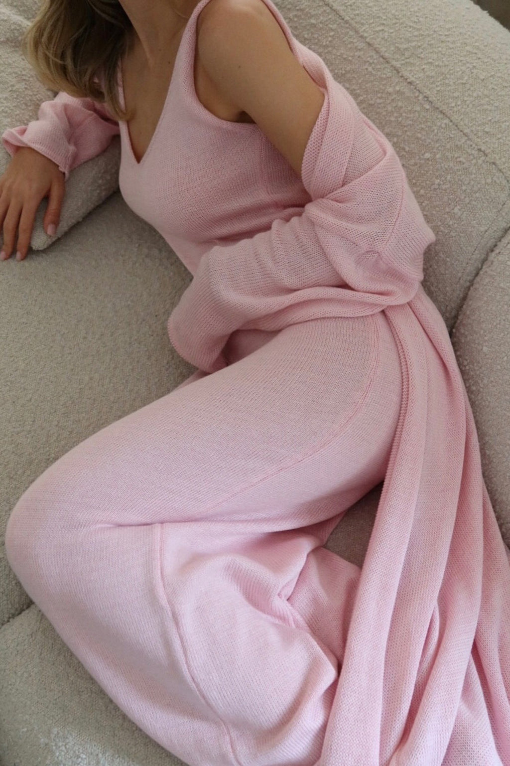 Solid V Neck Cotton Knit Bodycon Two Piece Set image 2
