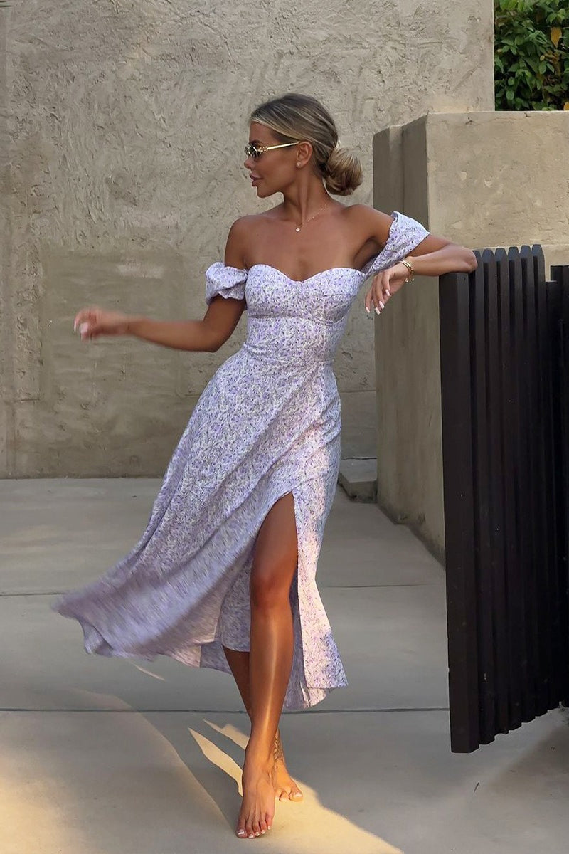 Off Shoulder Floral Slit Midi Dress image 14