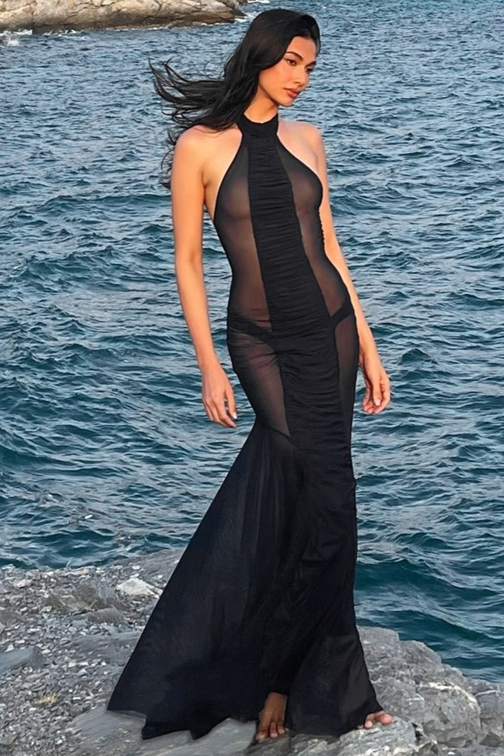 Halter Cutout Back Mesh Sheer Slim Maxi Dress image 2