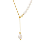 Tessa Pearl Necklace detail view styled for Avrienne