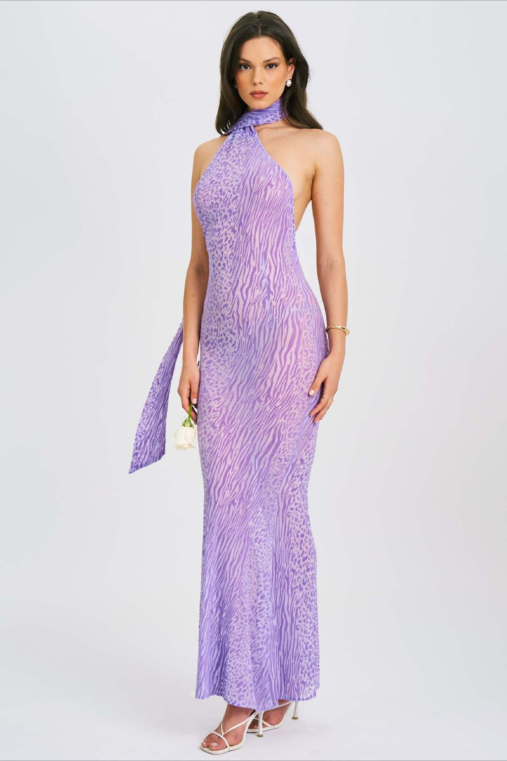 Sexy Mesh Halter Backless High Waist Bodycon Maxi Dress image 3