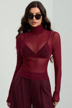 Stand Collar Solid Mesh Slim Fit Long Sleeve Tee image 1
