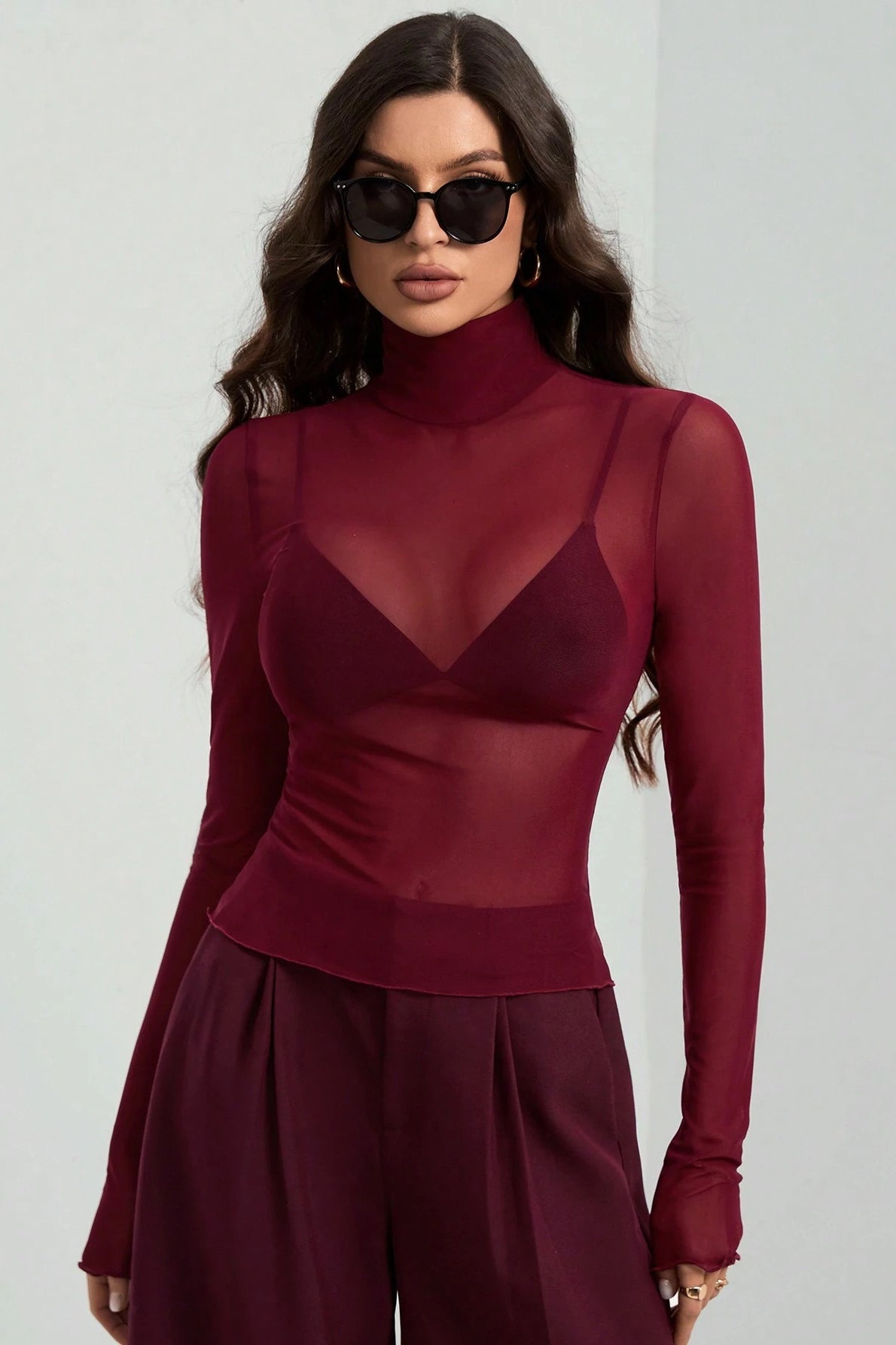 Stand Collar Solid Mesh Slim Fit Long Sleeve Tee image 1