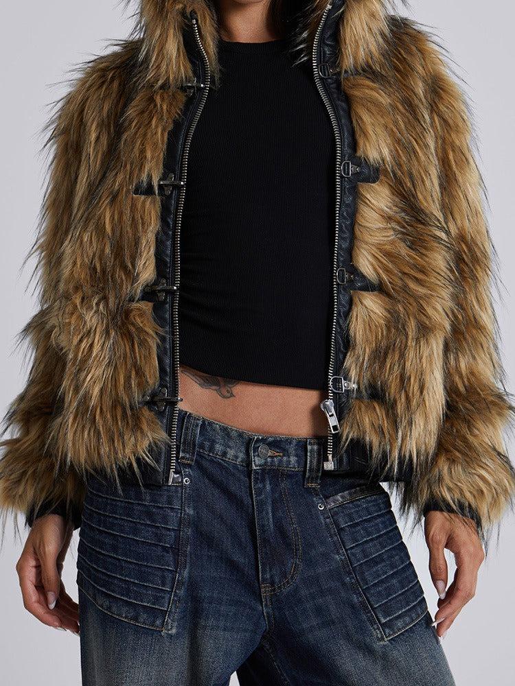 Metal Button Zipper Fur Leather Panel Loose Coat image 1