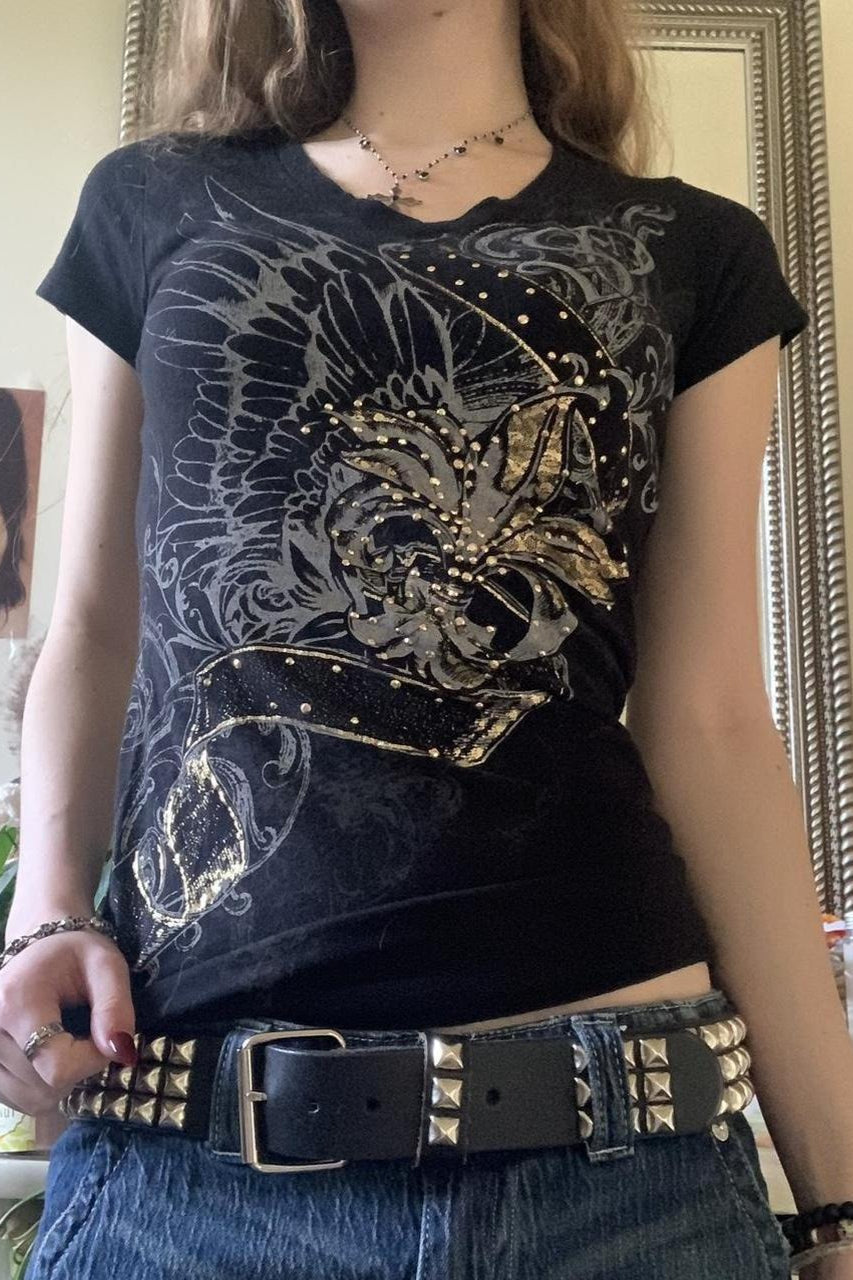 Vintage Print Rhinestone Slim Short Sleeve T-shirt image 1