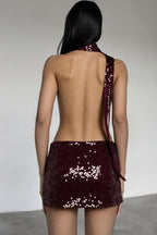 Backless Halter Neck Deep V Sequin Bodycon Mini Dress image 4