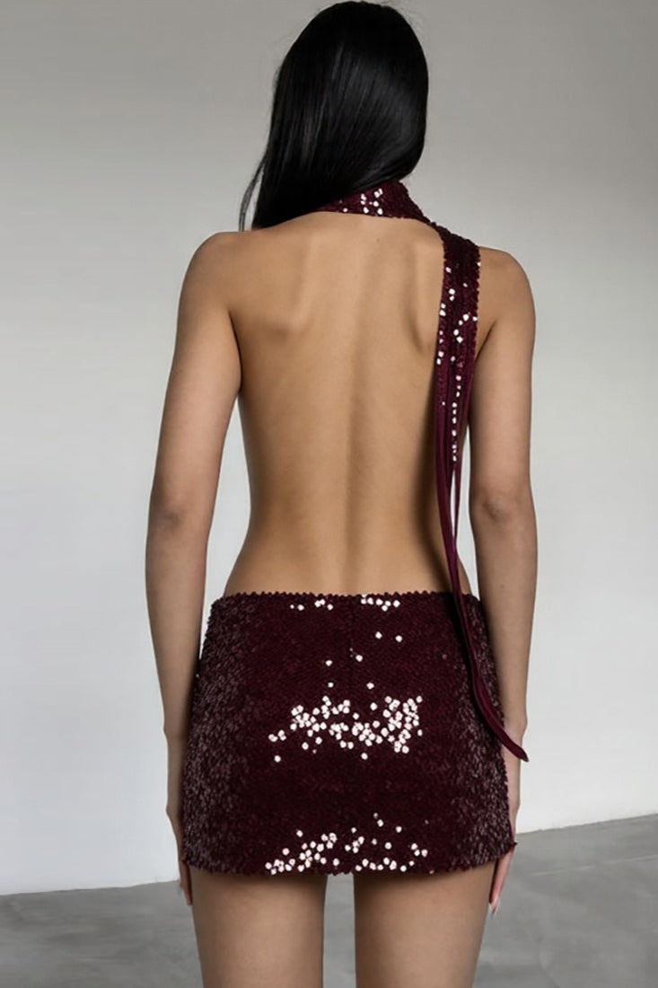 Backless Halter Neck Deep V Sequin Bodycon Mini Dress image 4