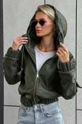 Black Faux Leather Hooded Loose Streetwear Jacket image 1