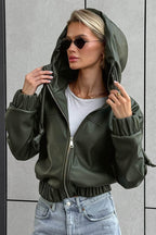 Black Faux Leather Hooded Loose Streetwear Jacket image 1