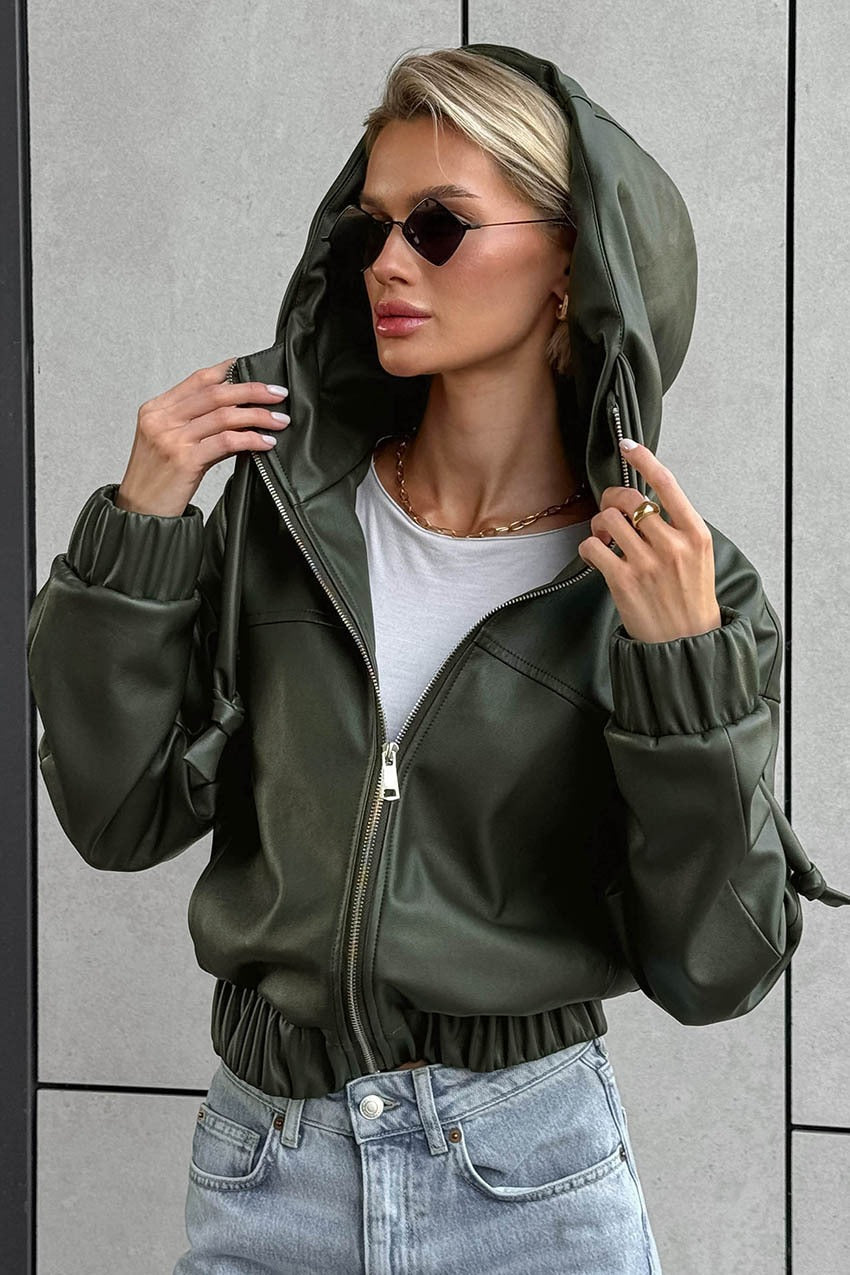 Black Faux Leather Hooded Loose Streetwear Jacket image 1